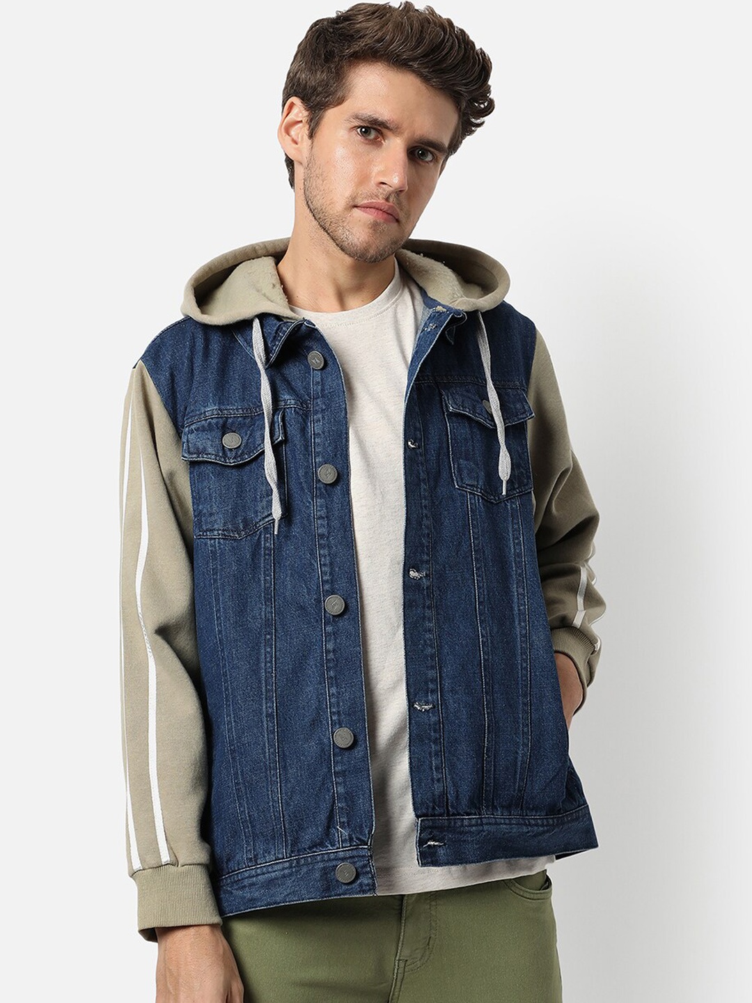 

Campus Sutra Hooded Windcheater Cotton Denim Jacket, Blue