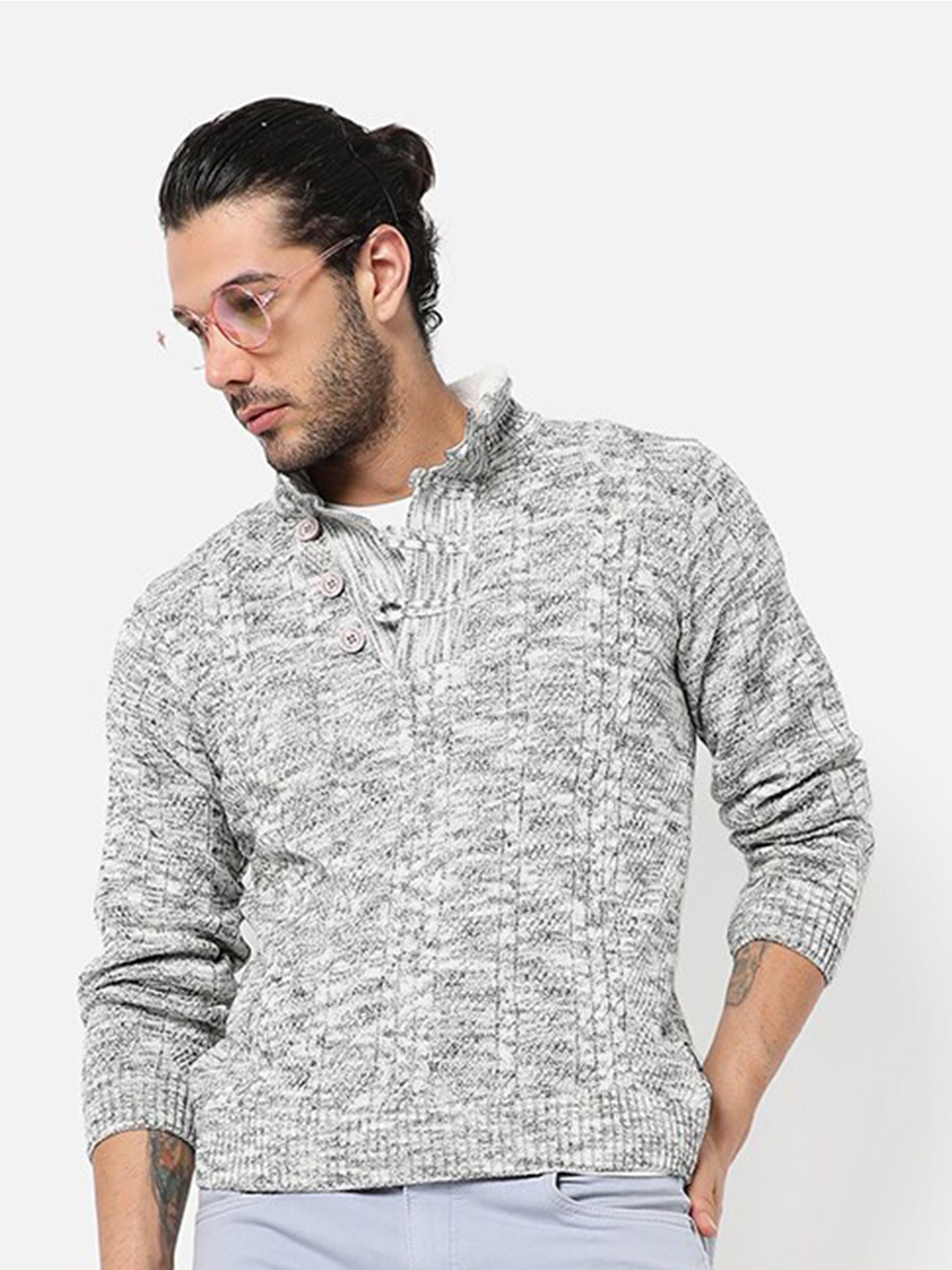 

Campus Sutra Self Design Ribbed Acrylic Pullover Sweater, Grey