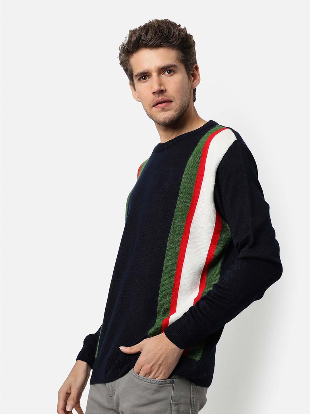 

Campus Sutra Navy Blue Colourblocked Woollen Pullover