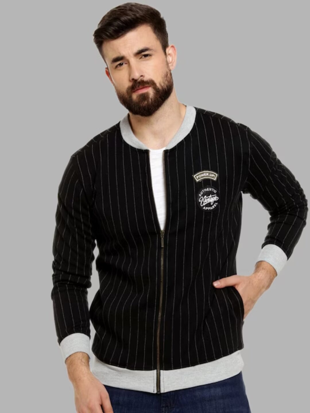 

Campus Sutra Striped Windcheater Bomber Jacket, Navy blue