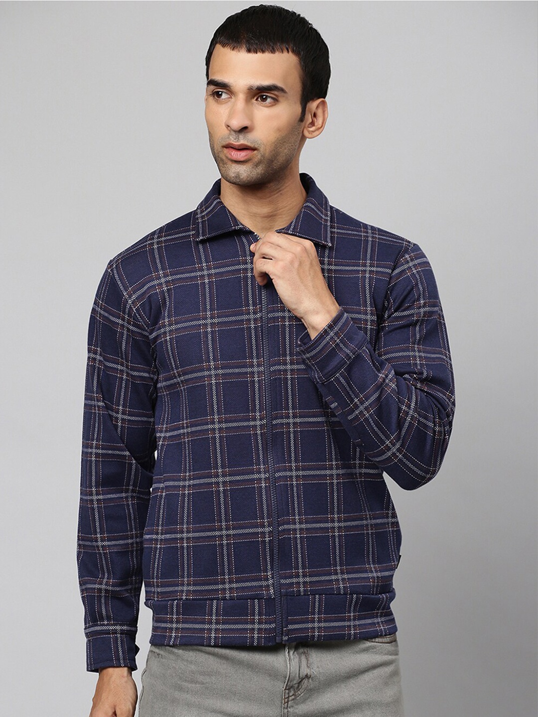 

Campus Sutra Men Navy Blue Checked Cotton Front-Open Sweatshirt