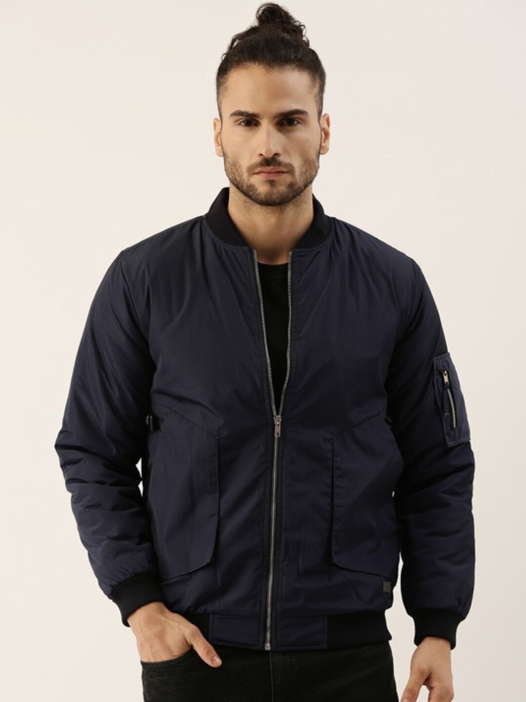 Campus Sutra Checked Windcheater Bomber Jacket, Blue