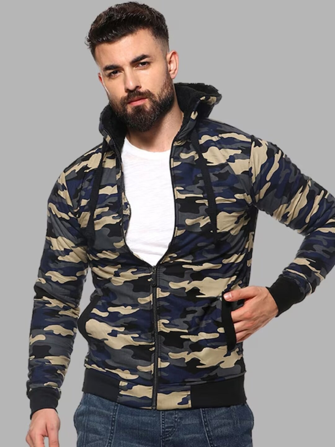 

Campus Sutra Navy Blue & Beige Camouflage Windcheater Hooded Cotton Bomber Jacket