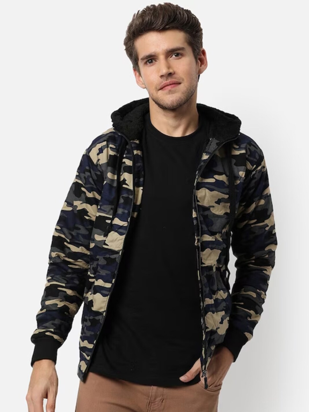 

Campus Sutra Navy Blue & Beige Camouflage Windcheater Hooded Cotton Bomber Jacket