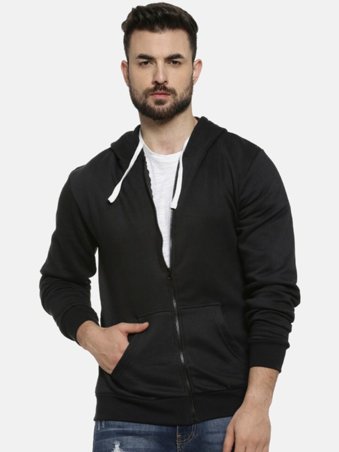 

Campus Sutra Black Hooded Cotton Front-Open Sweatshirt