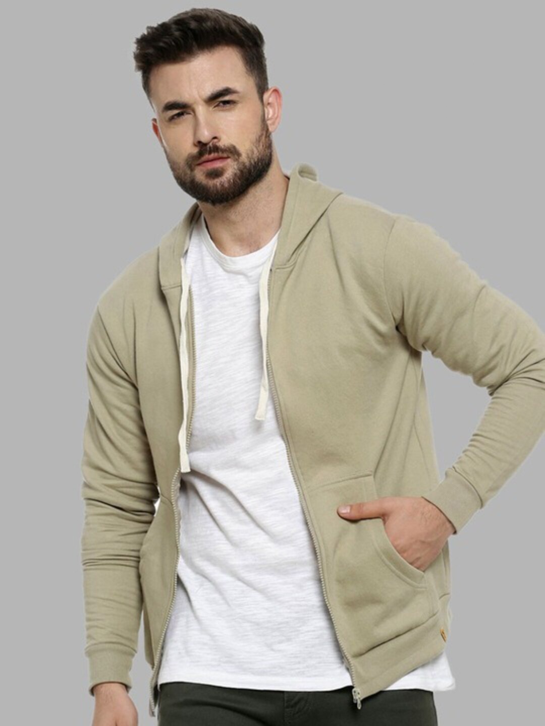 

Campus Sutra Hooded Cotton Front Open Sweatshirt, Green