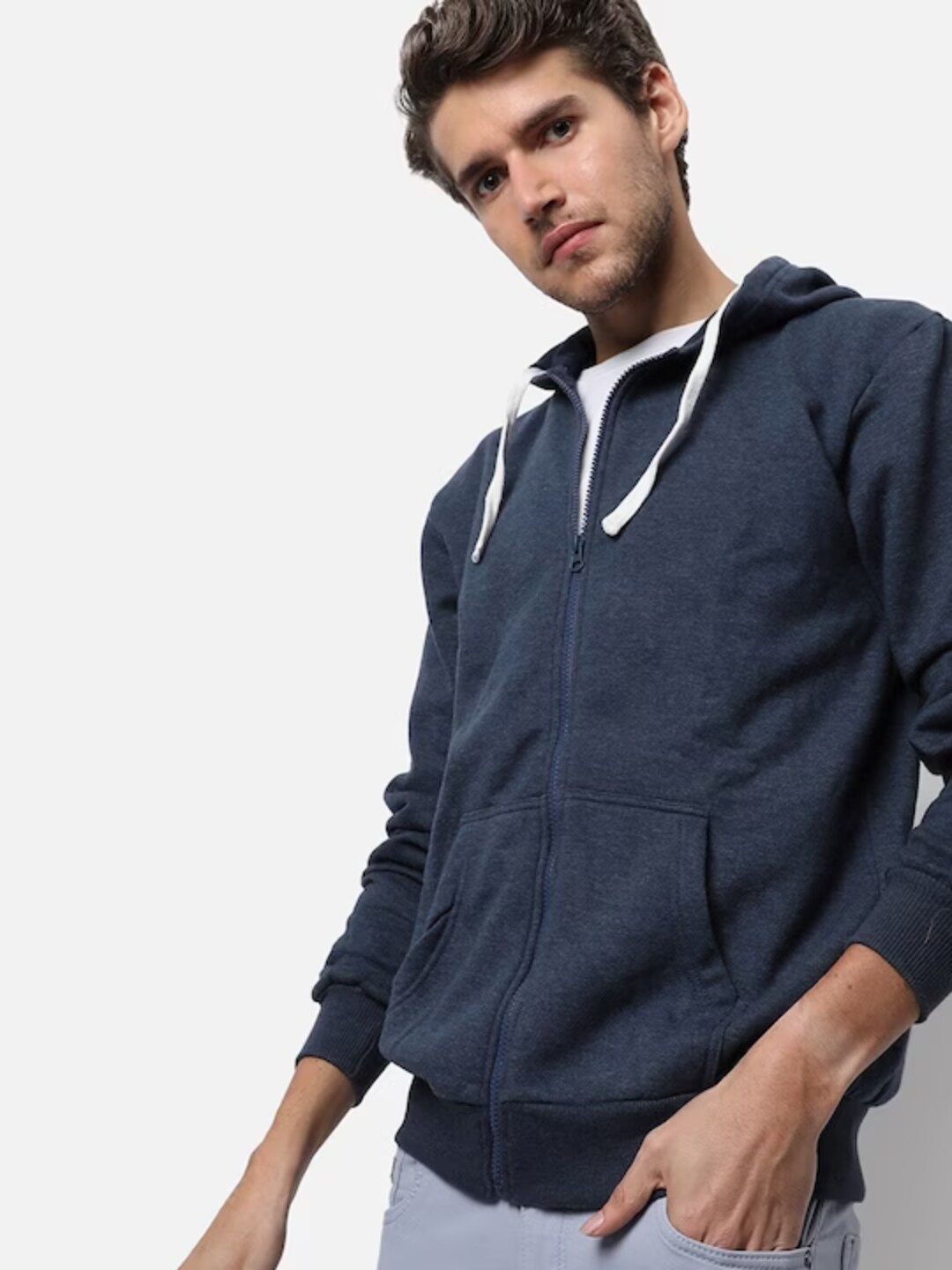 

Campus Sutra Black Hooded Cotton Front-Open Sweatshirt, Navy blue