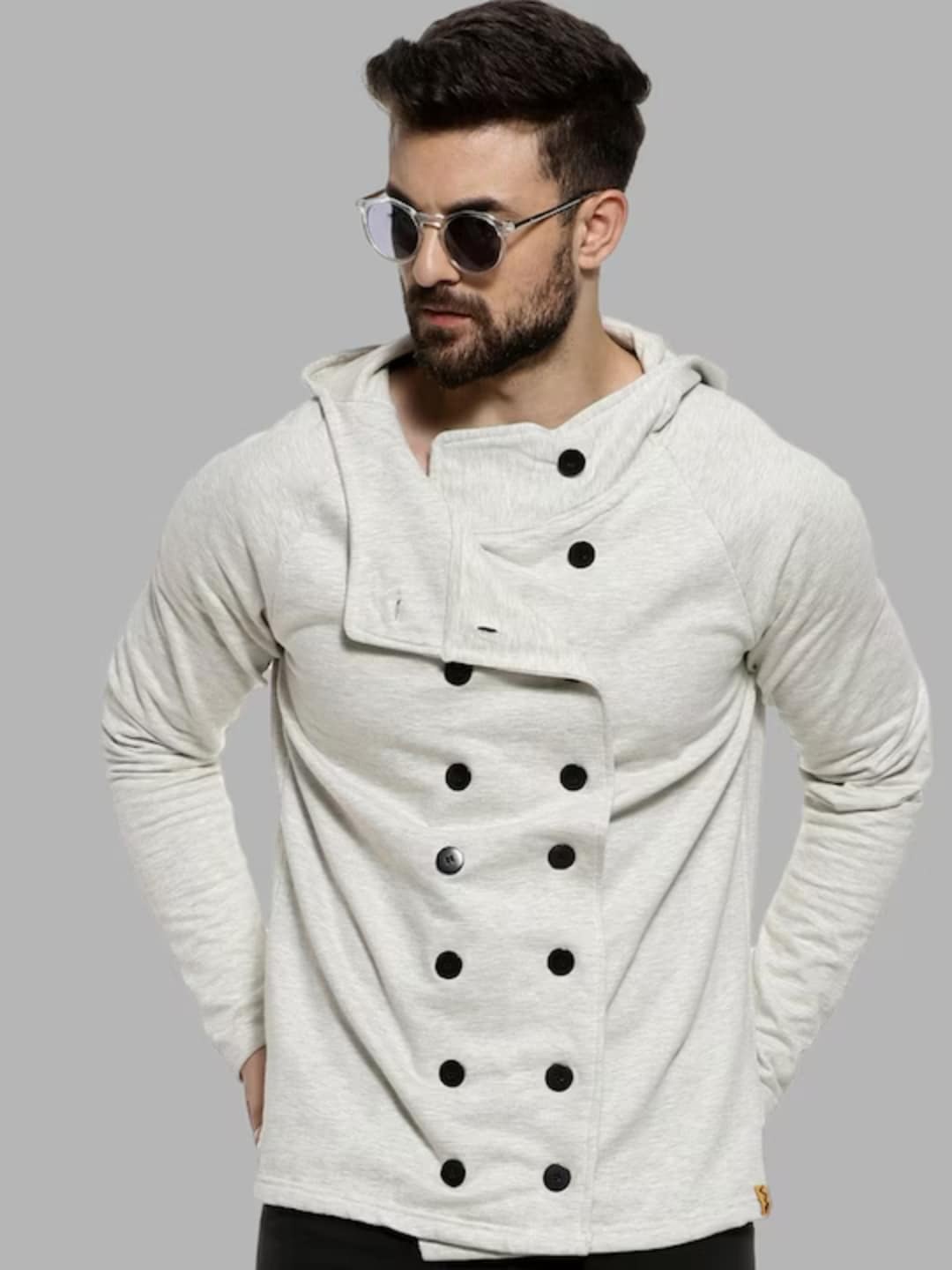 Campus Sutra Windcheater Hooded Double-Breasted Cotton Jacket, Grey
