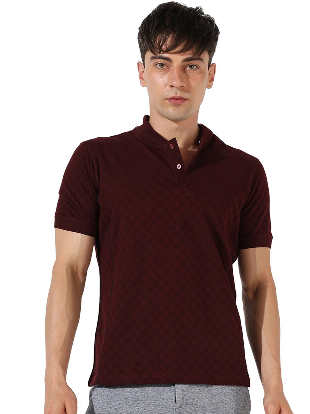 

Campus Sutra Maroon Self Design Polo Collar Cotton T-shirt