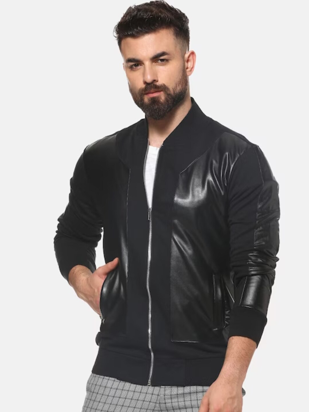 

Campus Sutra Windcheater Mock Collar Cotton Leather Jacket, Black