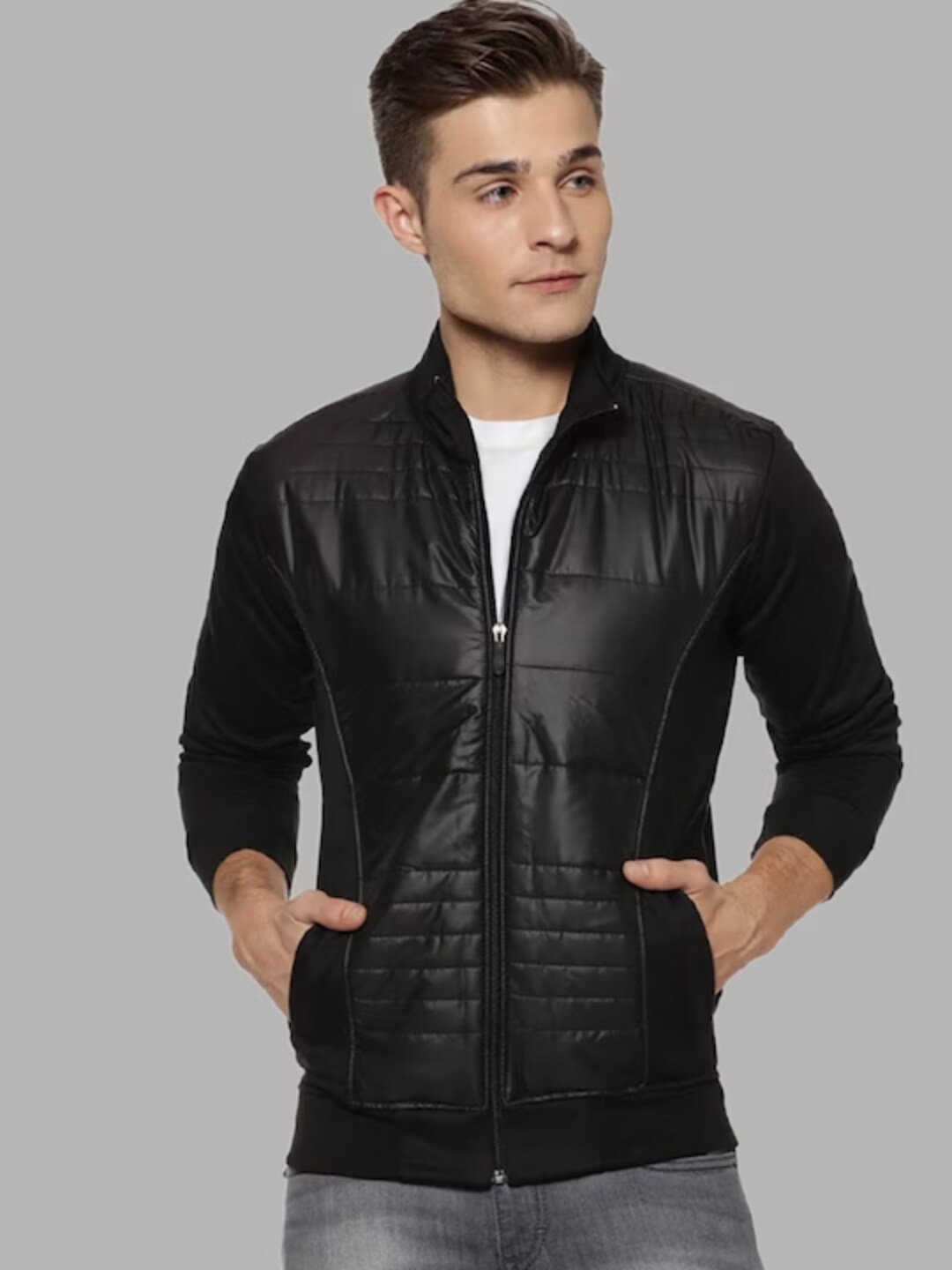 

Campus Sutra Stand Collar Windcheater Leather Jacket, Black