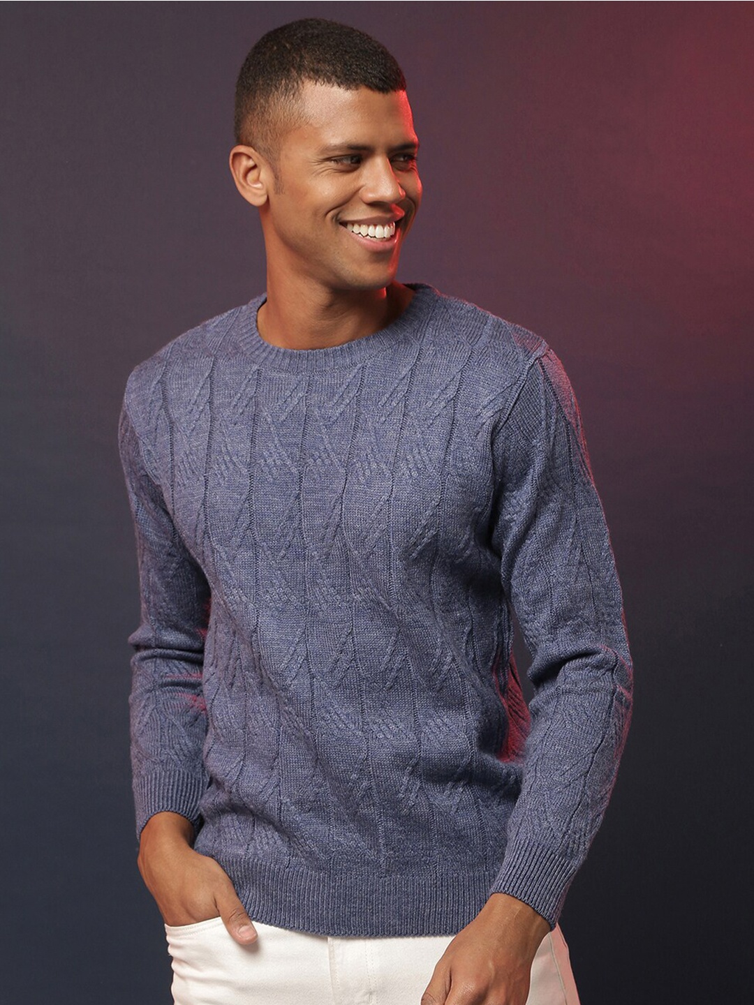 

Campus Sutra Self Design Cable Knit Cotton Pullover Sweater, Blue