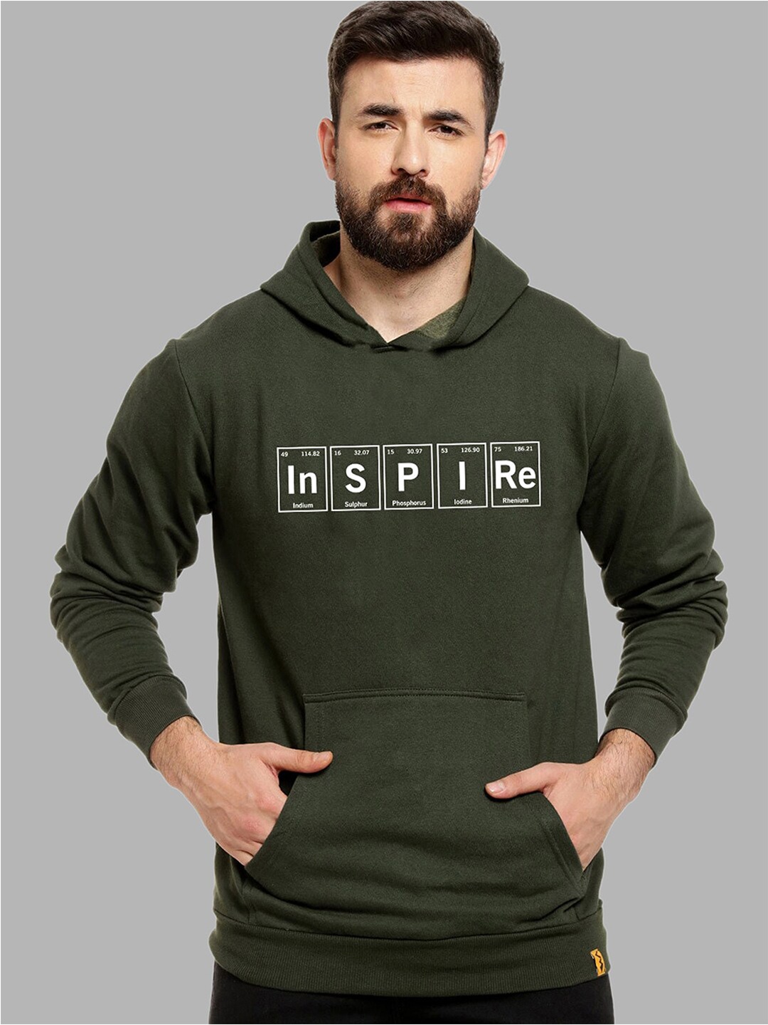 

Campus Sutra Men Green Printed Hooded Cotton Pullover Sweatshirt