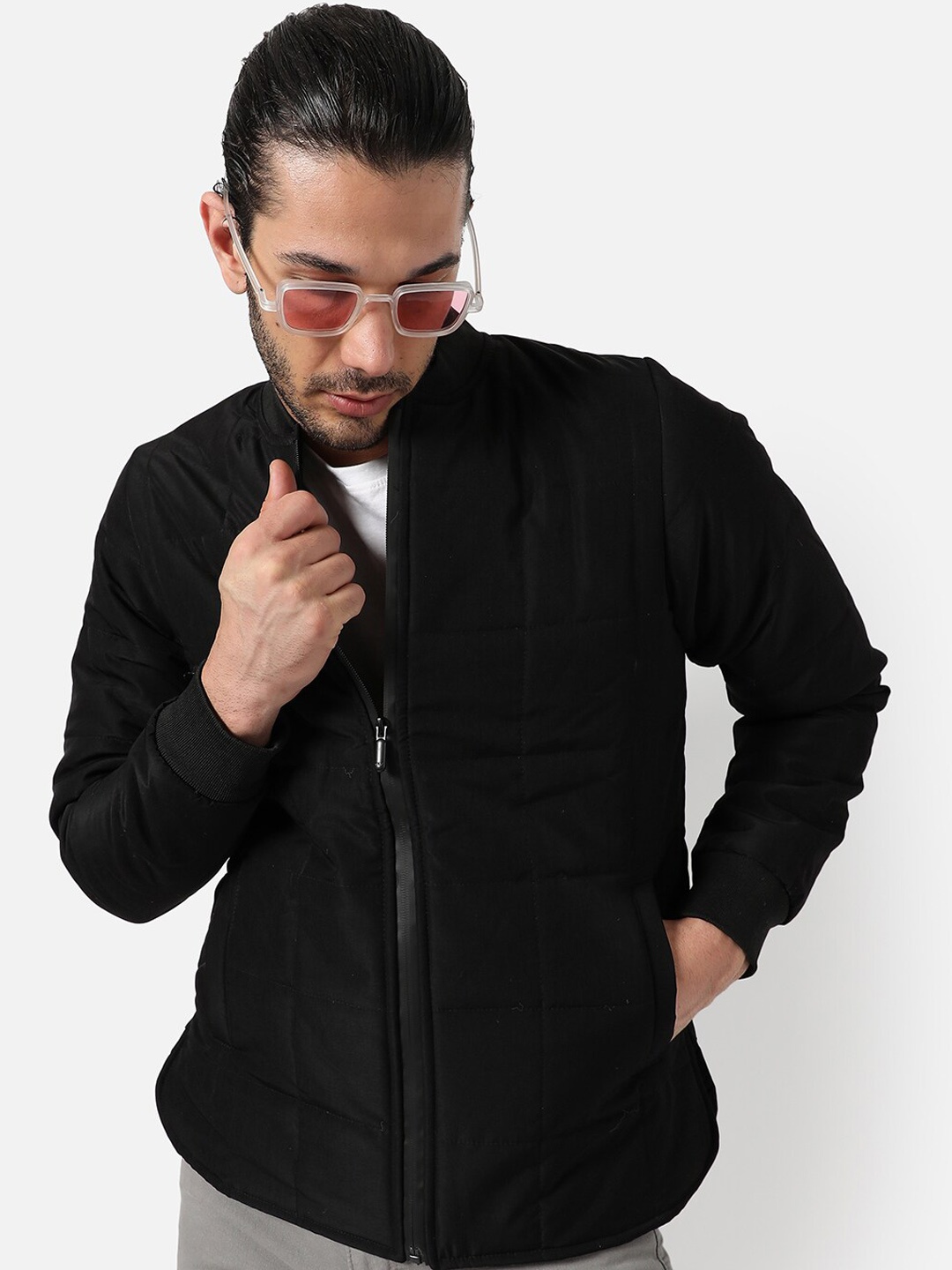 

Campus Sutra Checked Windcheater Stand Collar Bomber Jacket, Black