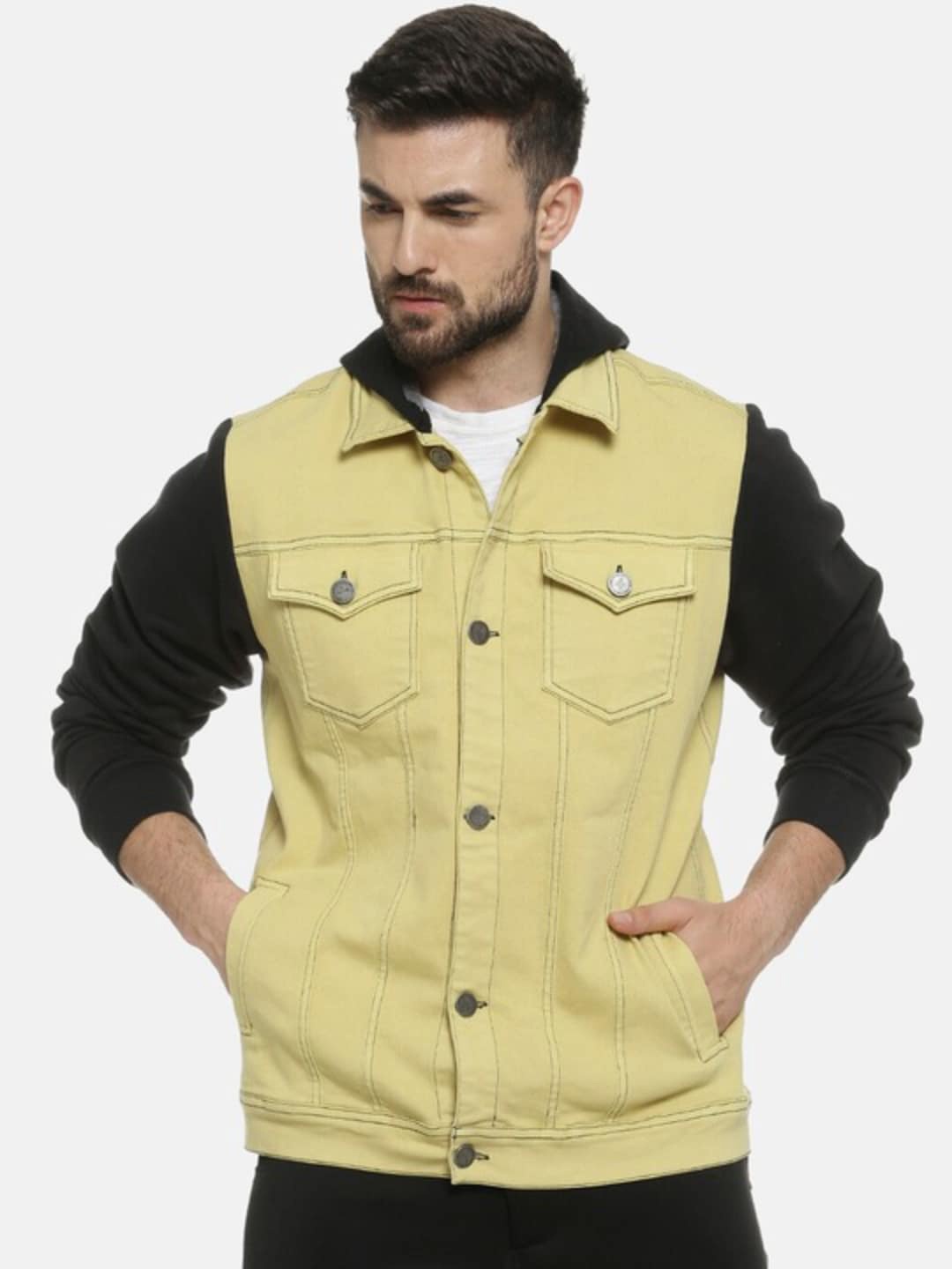 

Campus Sutra Colourblocked Windcheater Hooded Denim Jacket, Black