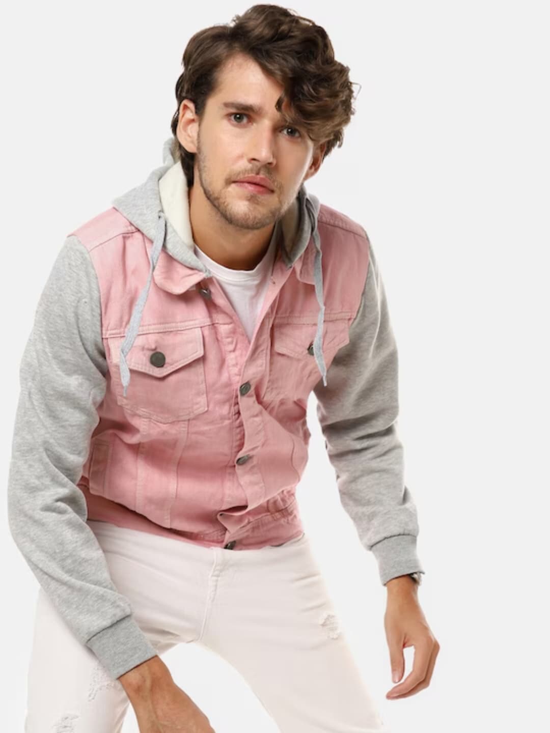 

Campus Sutra Hooded Windcheater Cotton Denim Jacket, Pink