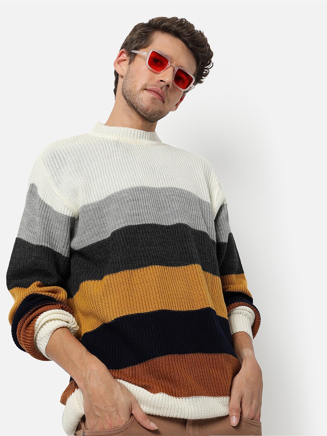 

Campus Sutra Colourblocked Woollen Pullover Sweater, White