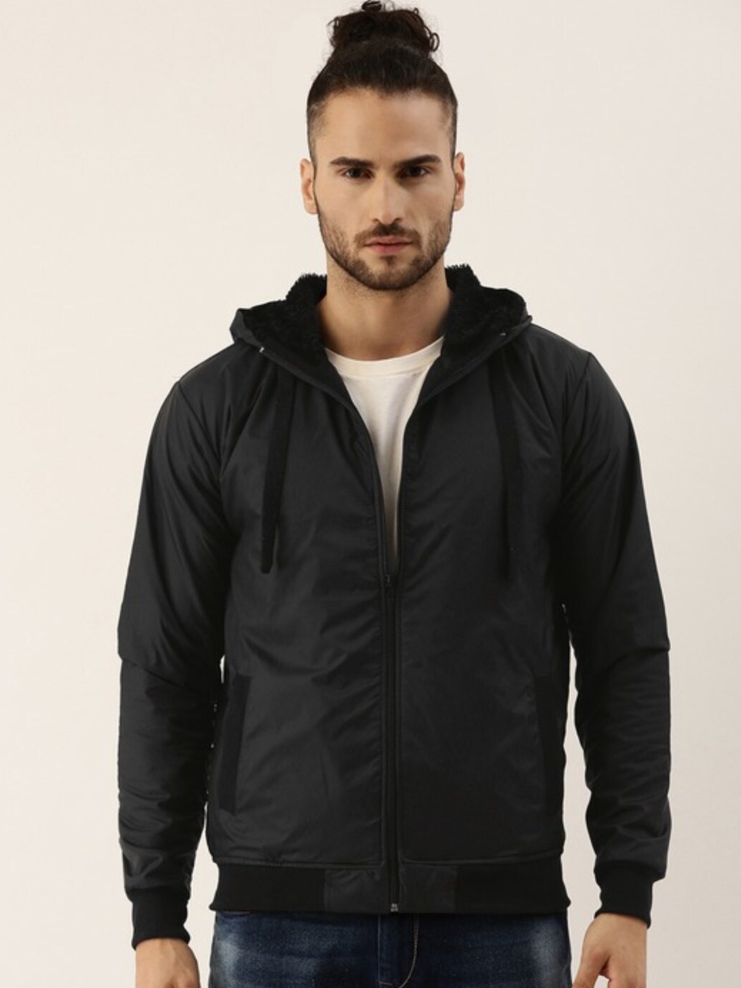 

Campus Sutra Hooded Windcheater Bomber Jacket, Black