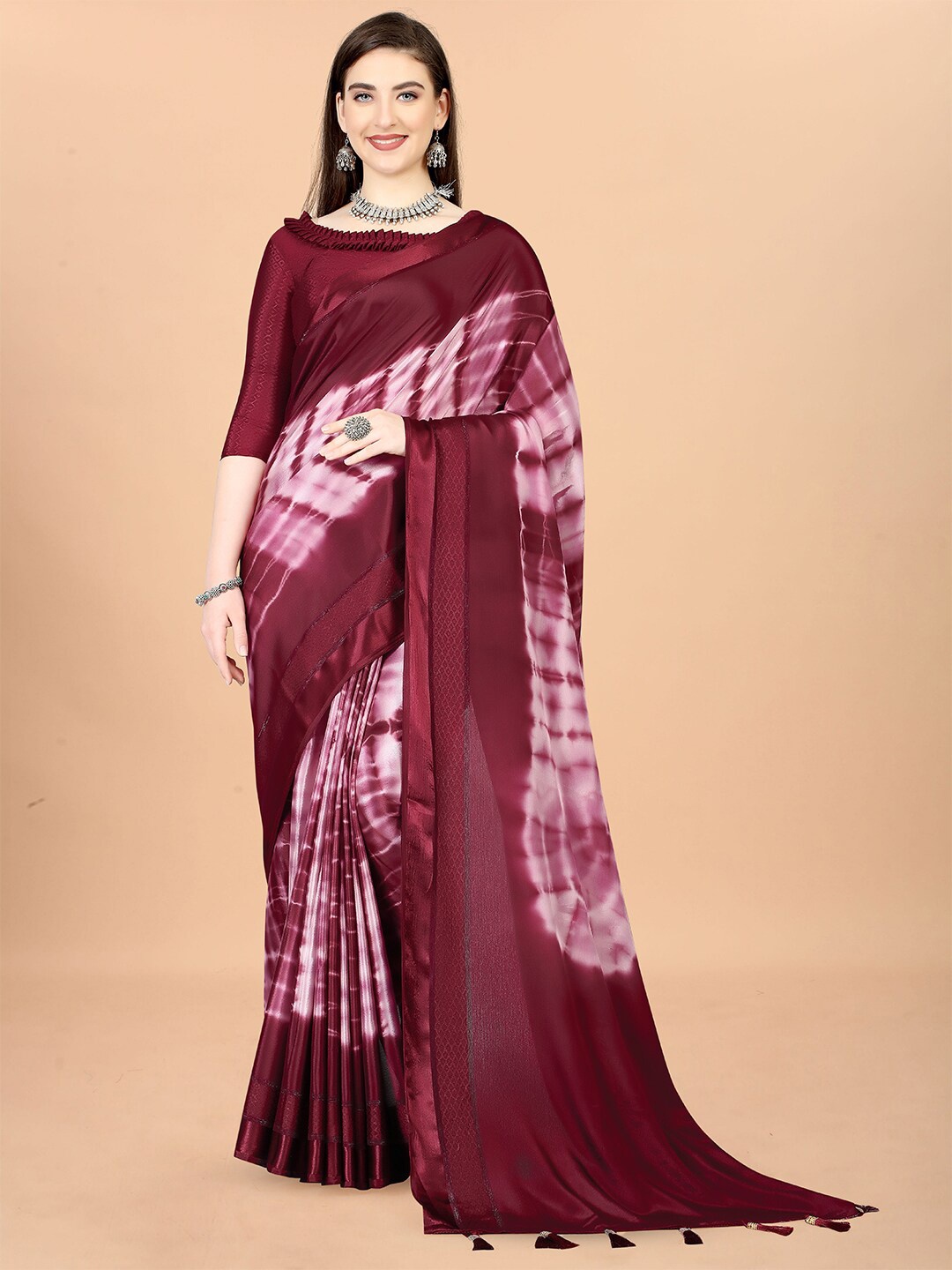 

KALINI Tie and Dye Pure Cotton Satin Saree, Maroon