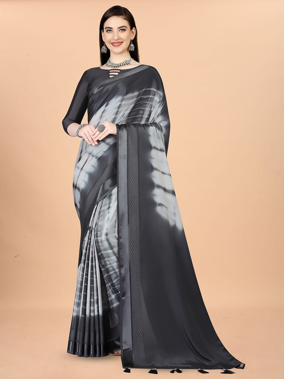 

KALINI Tie and Dyed Satin Saree, Black