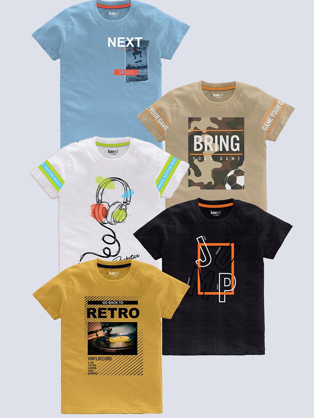 

BAESD Boys Pack Of 5 Typography Printed T-shirt, Multi