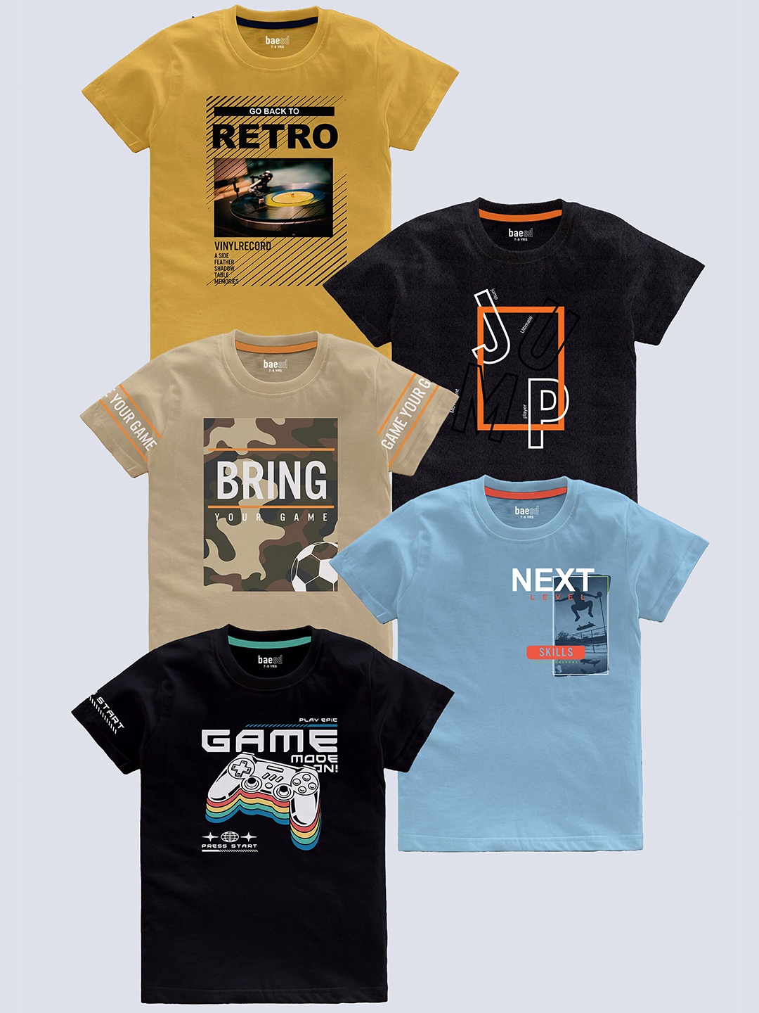 

BAESD Boys Pack Of 5 Typography Printed T-shirt, Multi