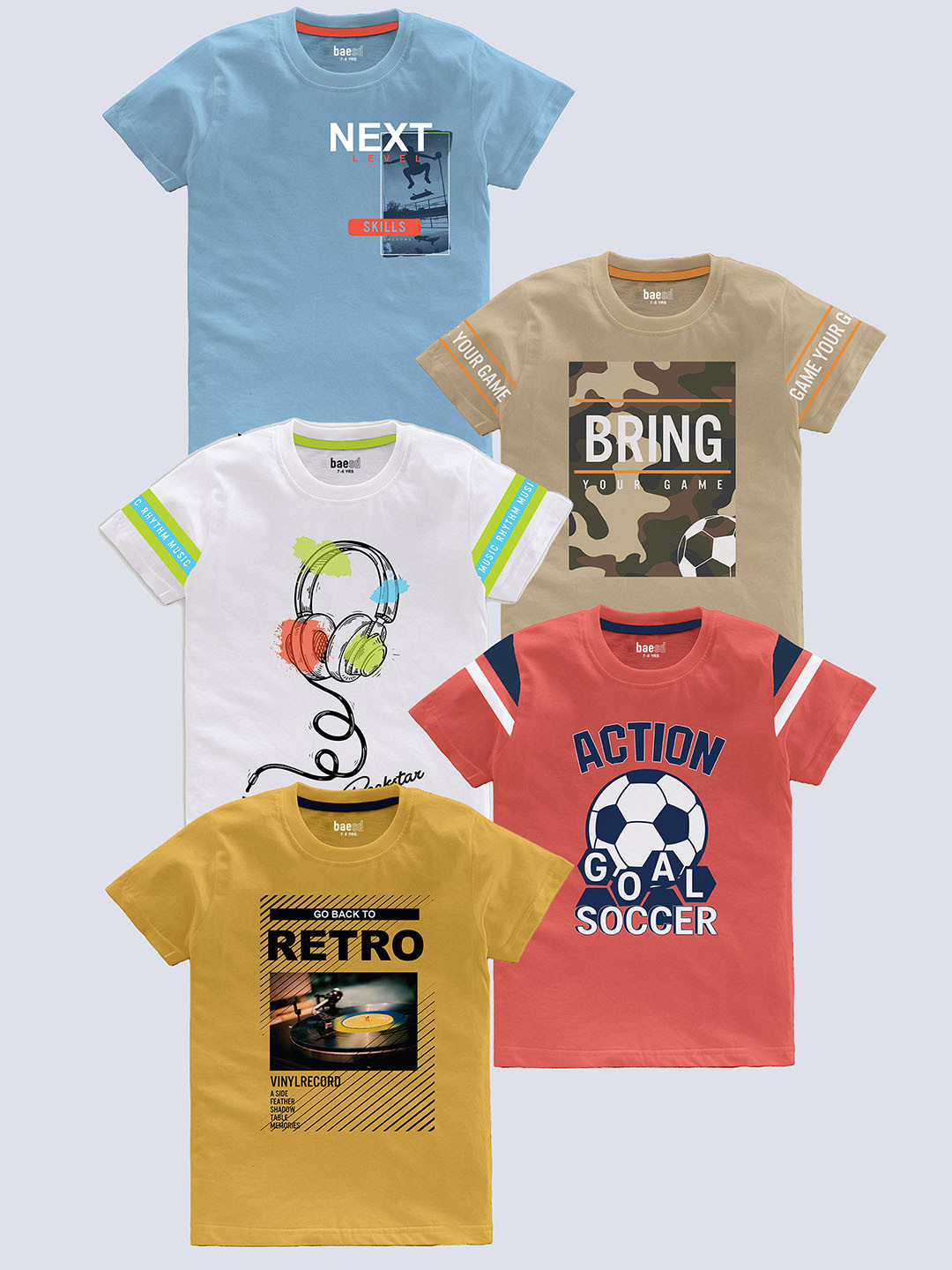 

BAESD Boys Pack Of 5 Typography Printed T-shirt, Blue