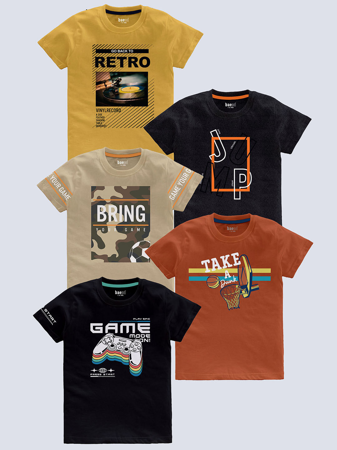 

BAESD Boys Pack Of 5 Typography Printed T-shirt, Beige