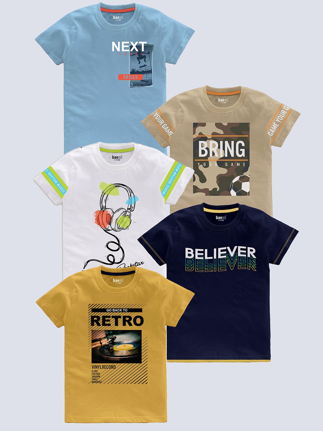 

BAESD Boys Pack Of 5 Typography Printed T-shirt, Multi