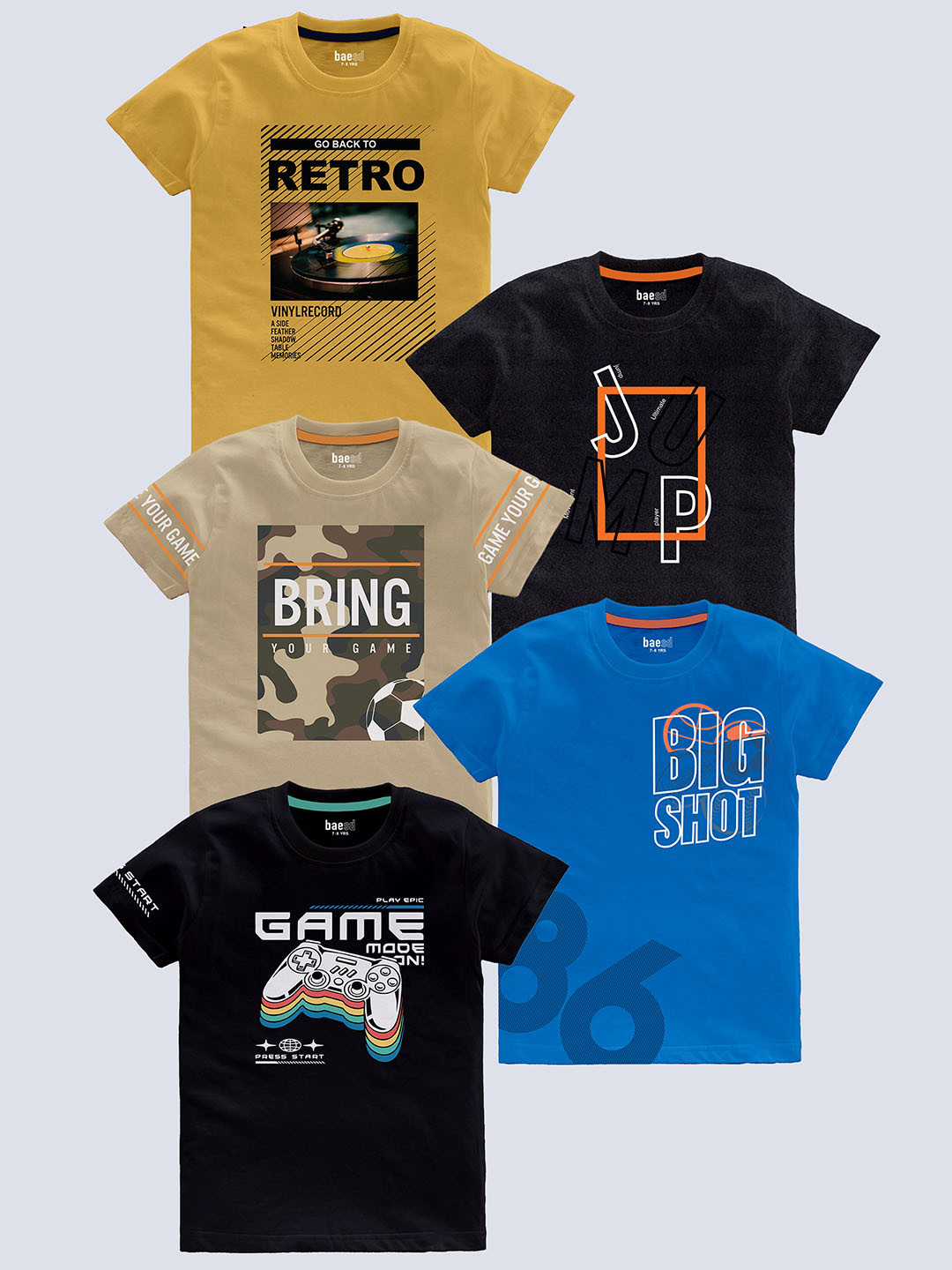 

BAESD Boys Pack Of 5 Typography Printed T-shirt, Beige