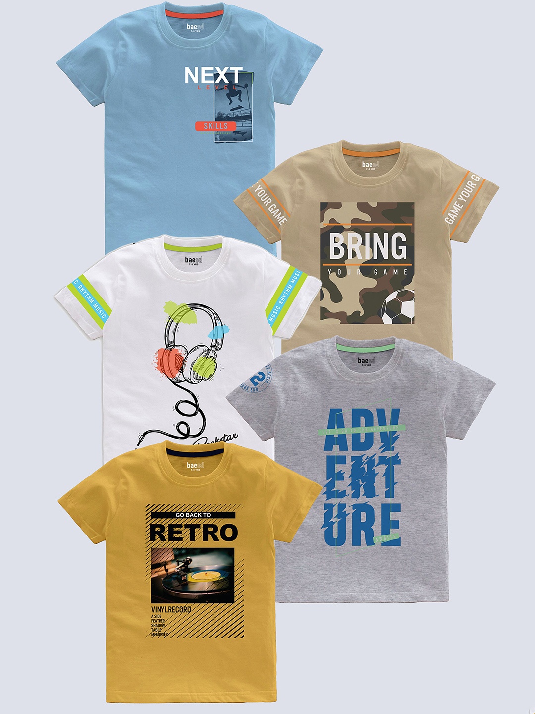 

BAESD Boys Pack Of 5 Typography Printed T-shirt, Multi
