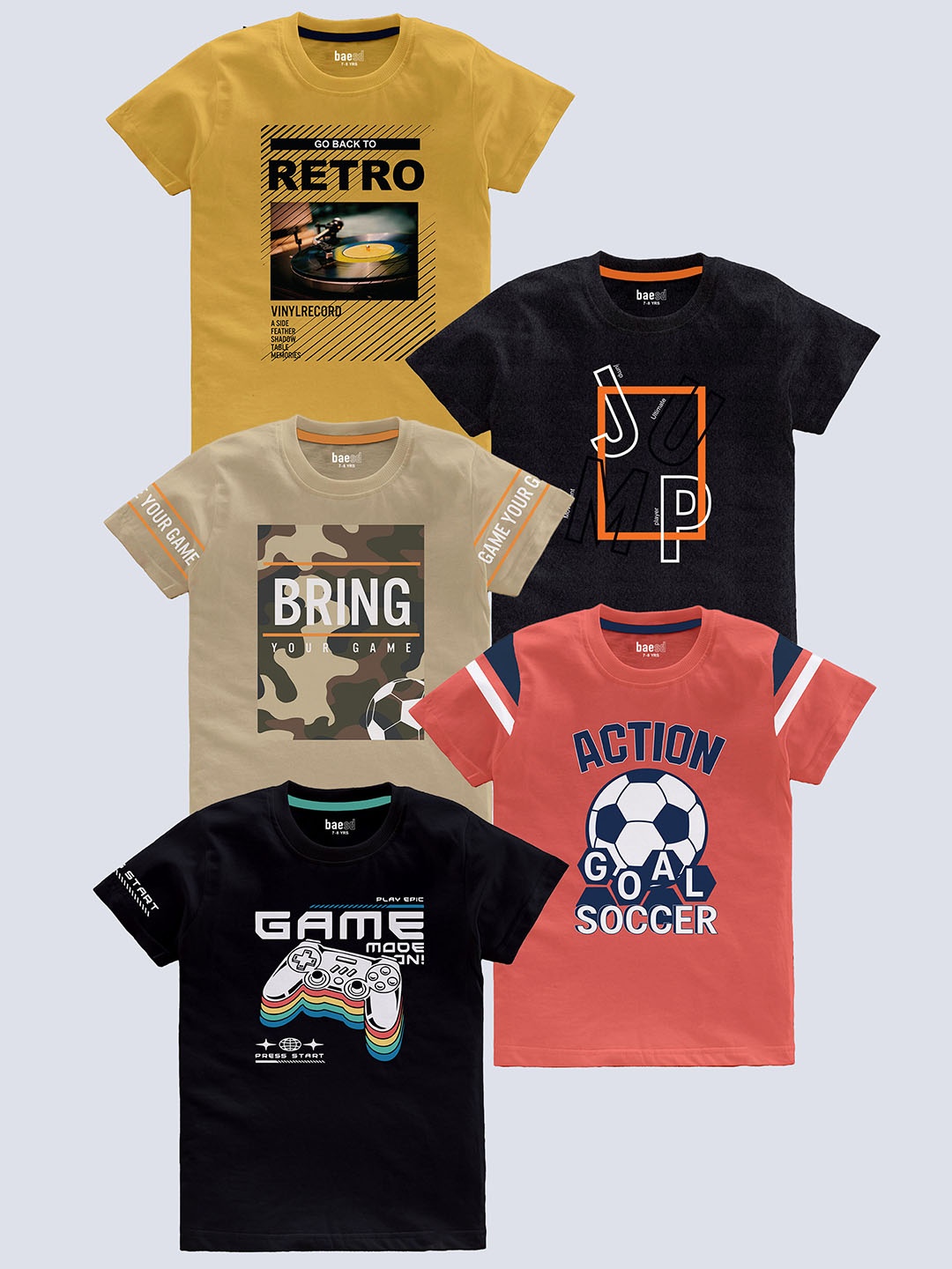 BAESD Boys Pack Of 5 Typography Printed Pure Cotton T-shirt, Beige