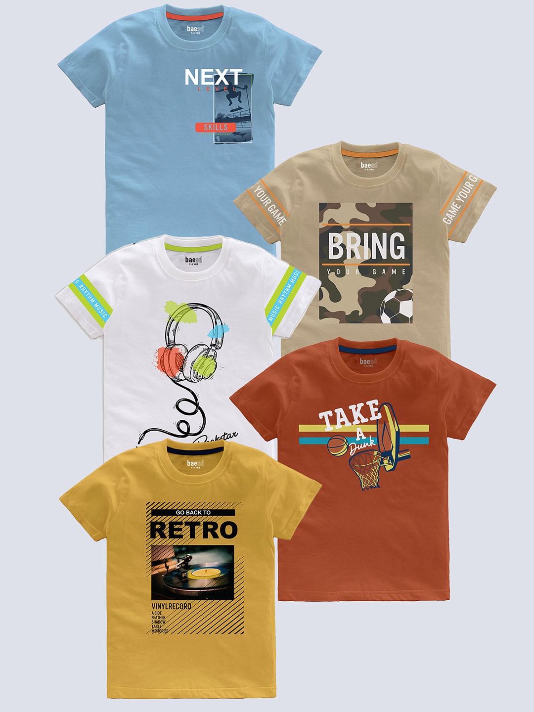 

BAESD Boys Pack Of 5 Typography Printed Pure Cotton T-shirt, Beige