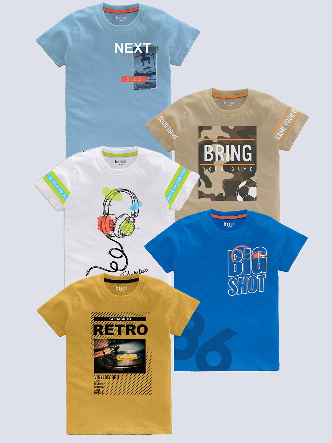 

BAESD Boys Pack Of 5 Typography Printed Pure Cotton T-shirt, Beige
