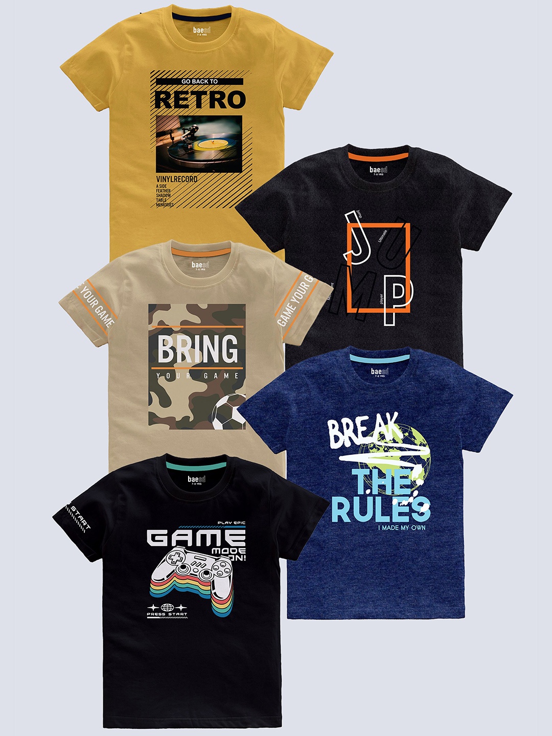 

BAESD Boys Pack Of 5 Typography Printed Pure Cotton T-shirt, Beige