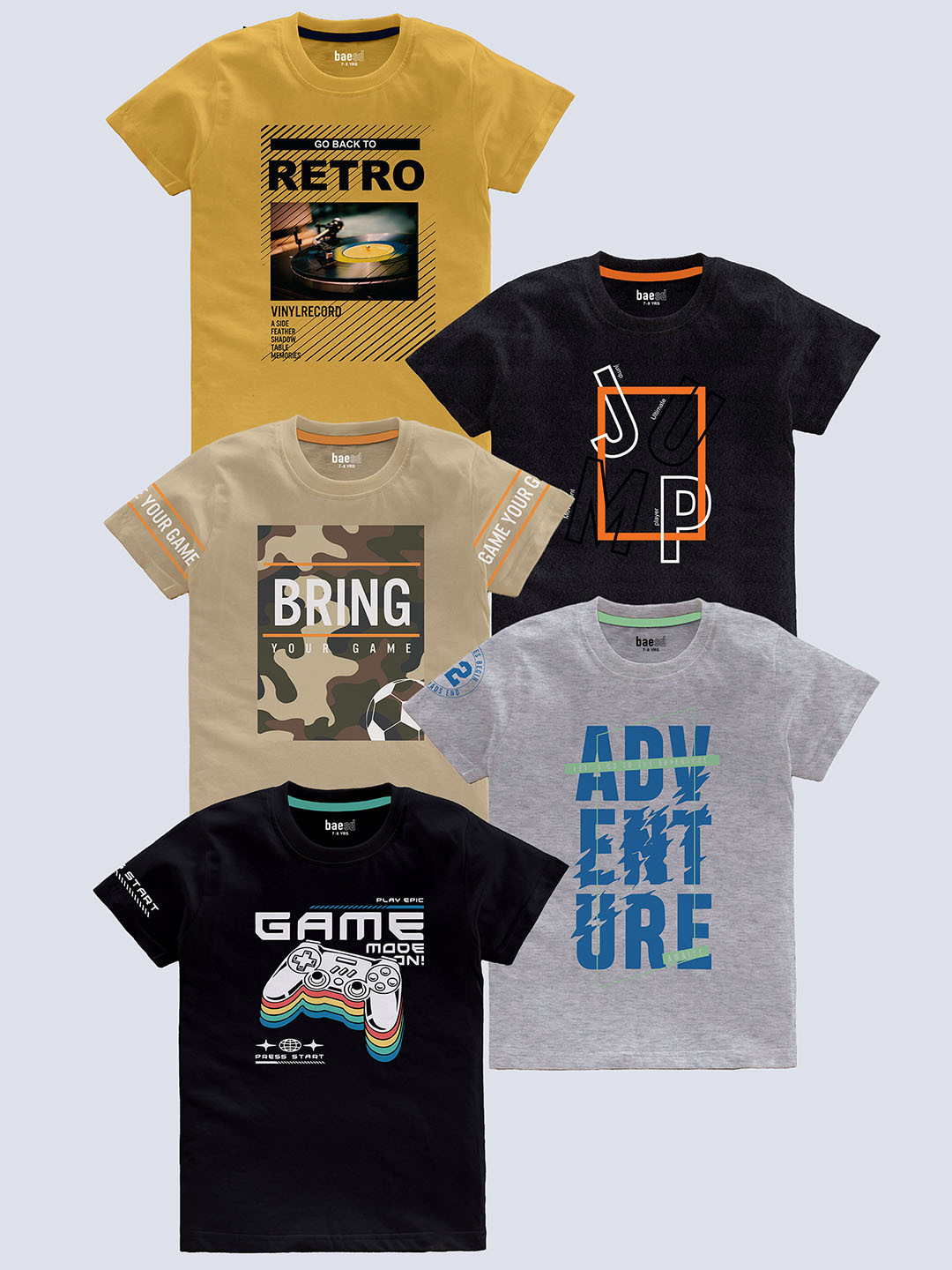 

BAESD Boys Pack Of 5 Typography Printed Pure Cotton T-shirts, Yellow