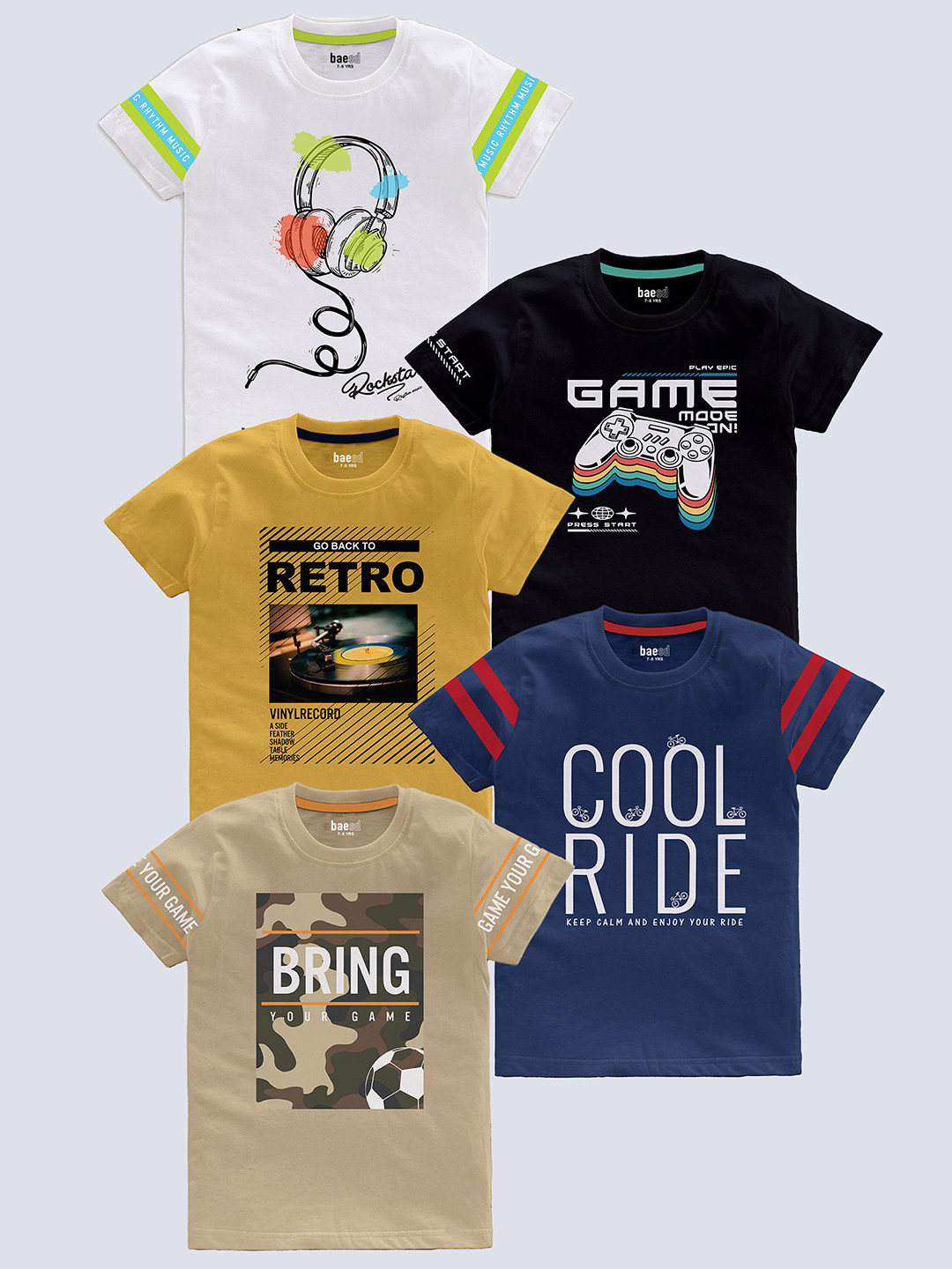 

BAESD Boys Pack Of 5 Printed Cotton T-shirt, White