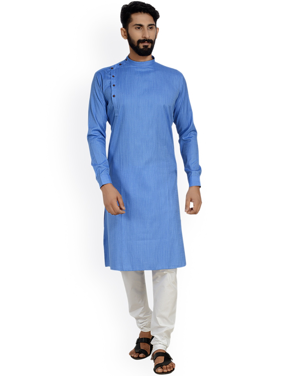 

ARRUGA Band Collar Straight Kurta With Pyjamas, Blue