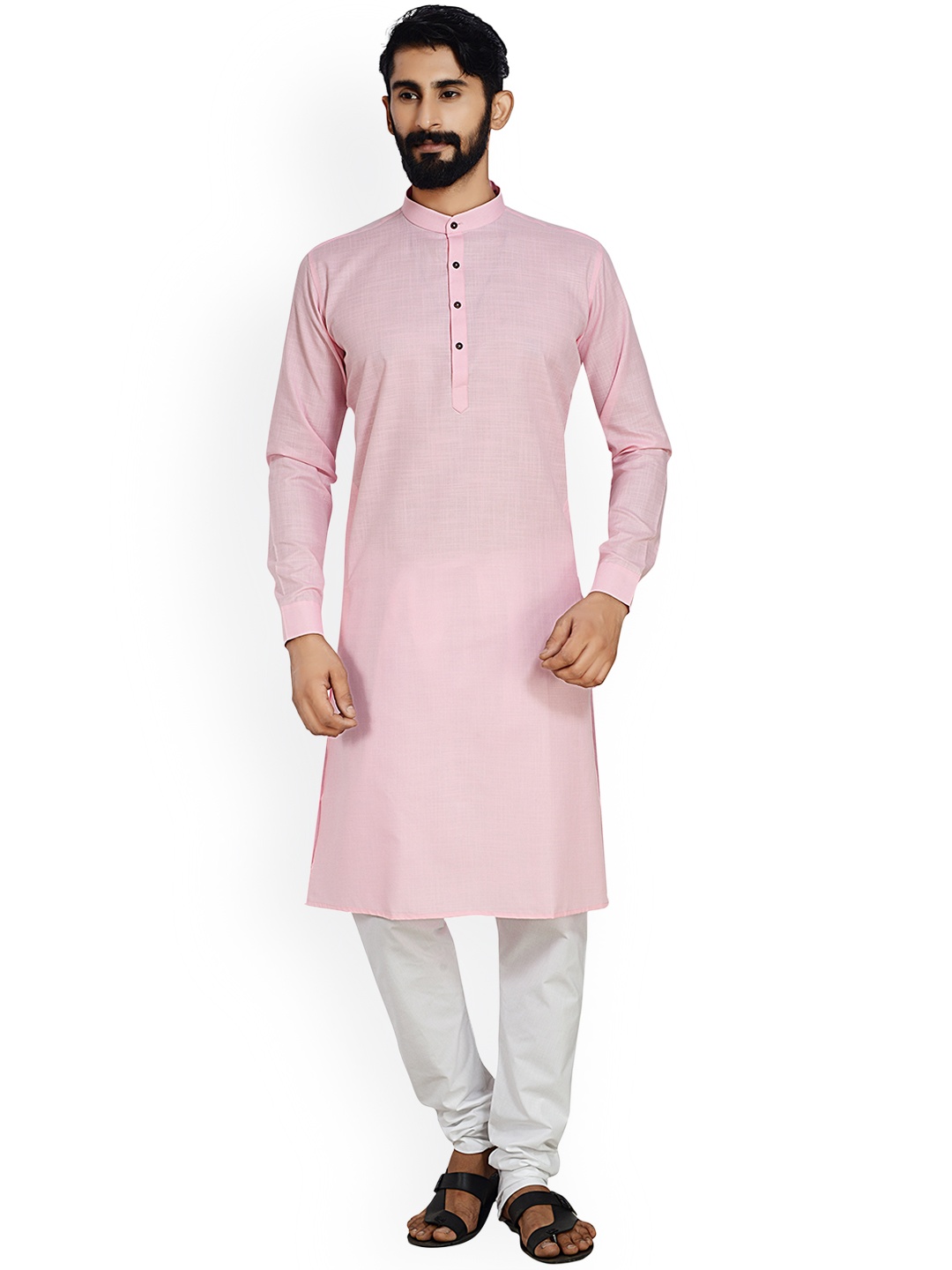 

ARRUGA Band Collar Straight Kurta With Churidar, Pink