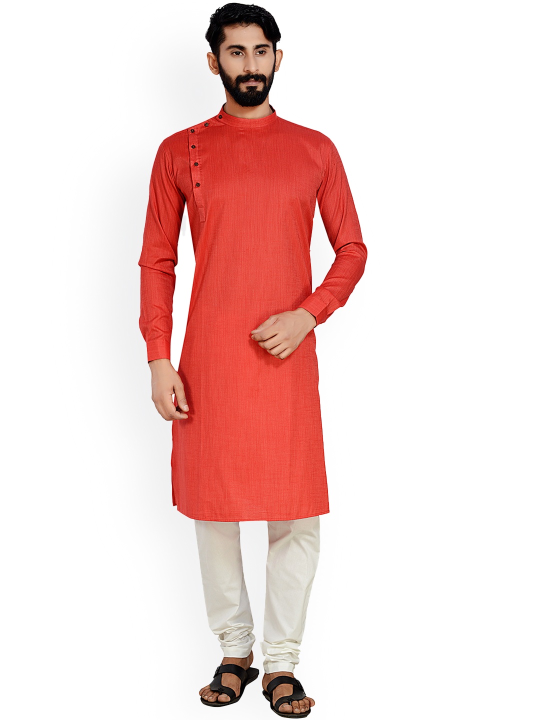 

ARRUGA Band Collar Straight Kurta With Pyjamas, Red