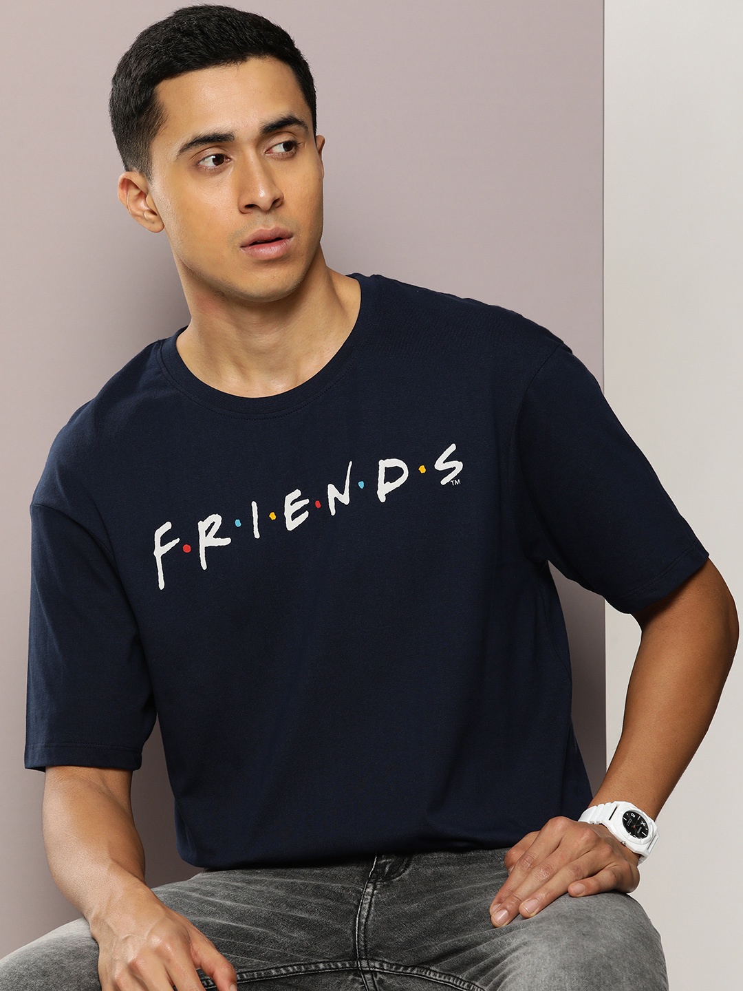 

Kook N Keech Men Friends Printed Drop-Shoulder Sleeves Oversized Pure Cotton T-shirt, Navy blue