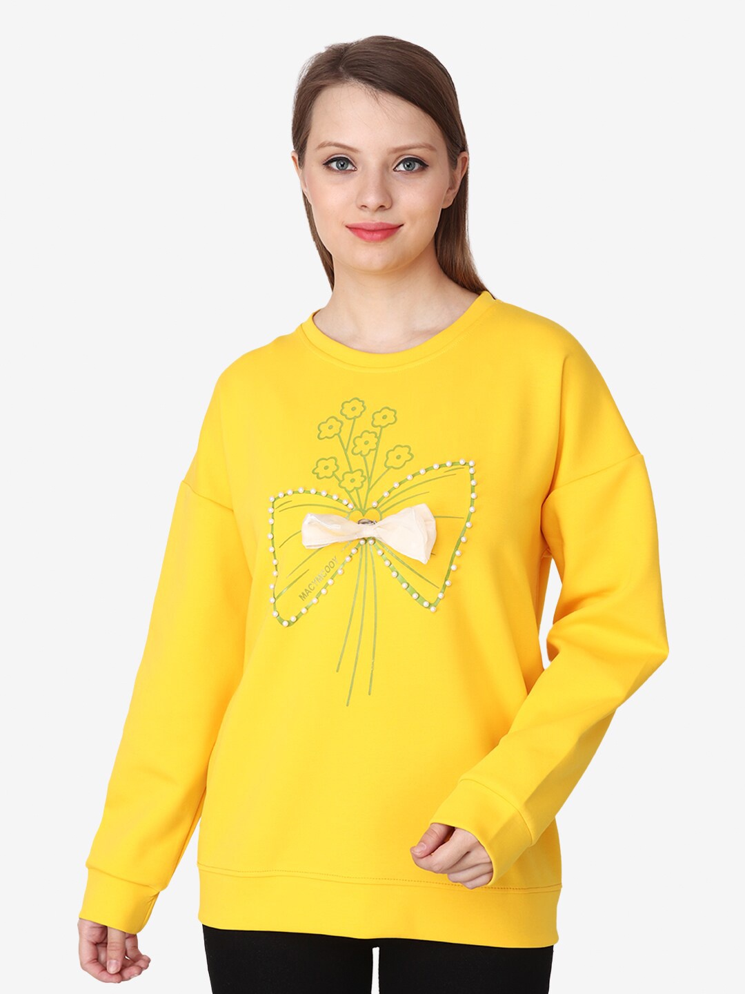 

Albion Embellished Graphic Printed Woolen Pullover, Yellow