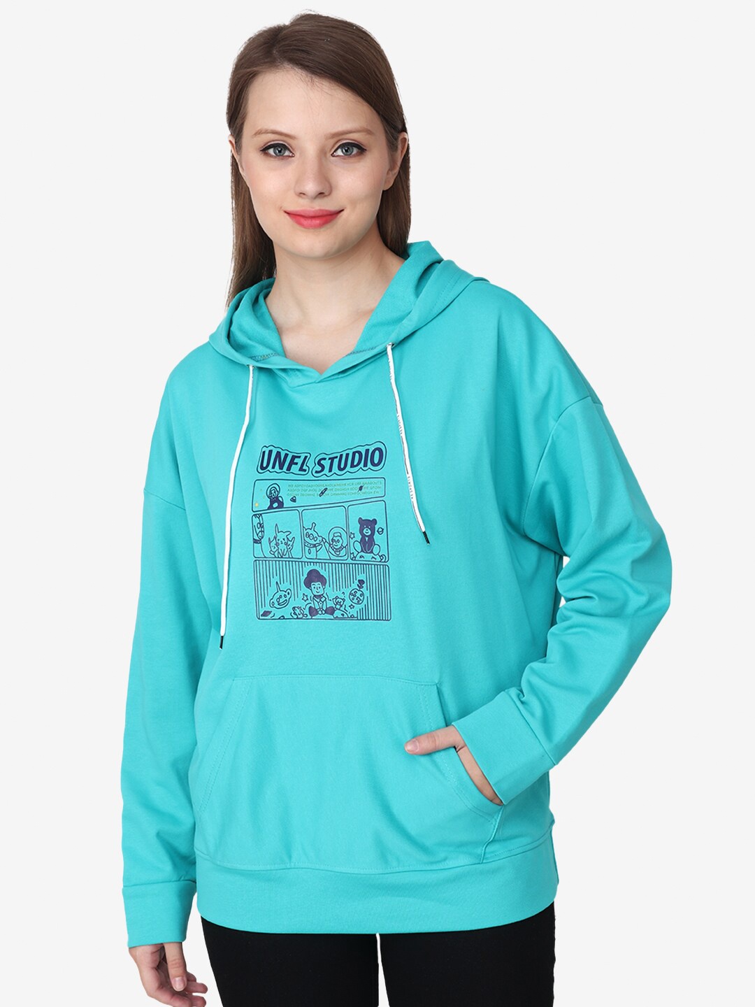 

Steele Graphic Printed Hooded Woolen Pullover, Turquoise blue