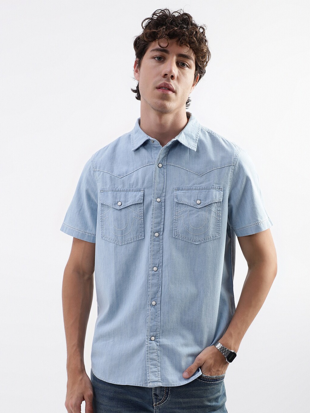 

True Religion Spread Collar Pure Cotton Casual Shirt, Blue