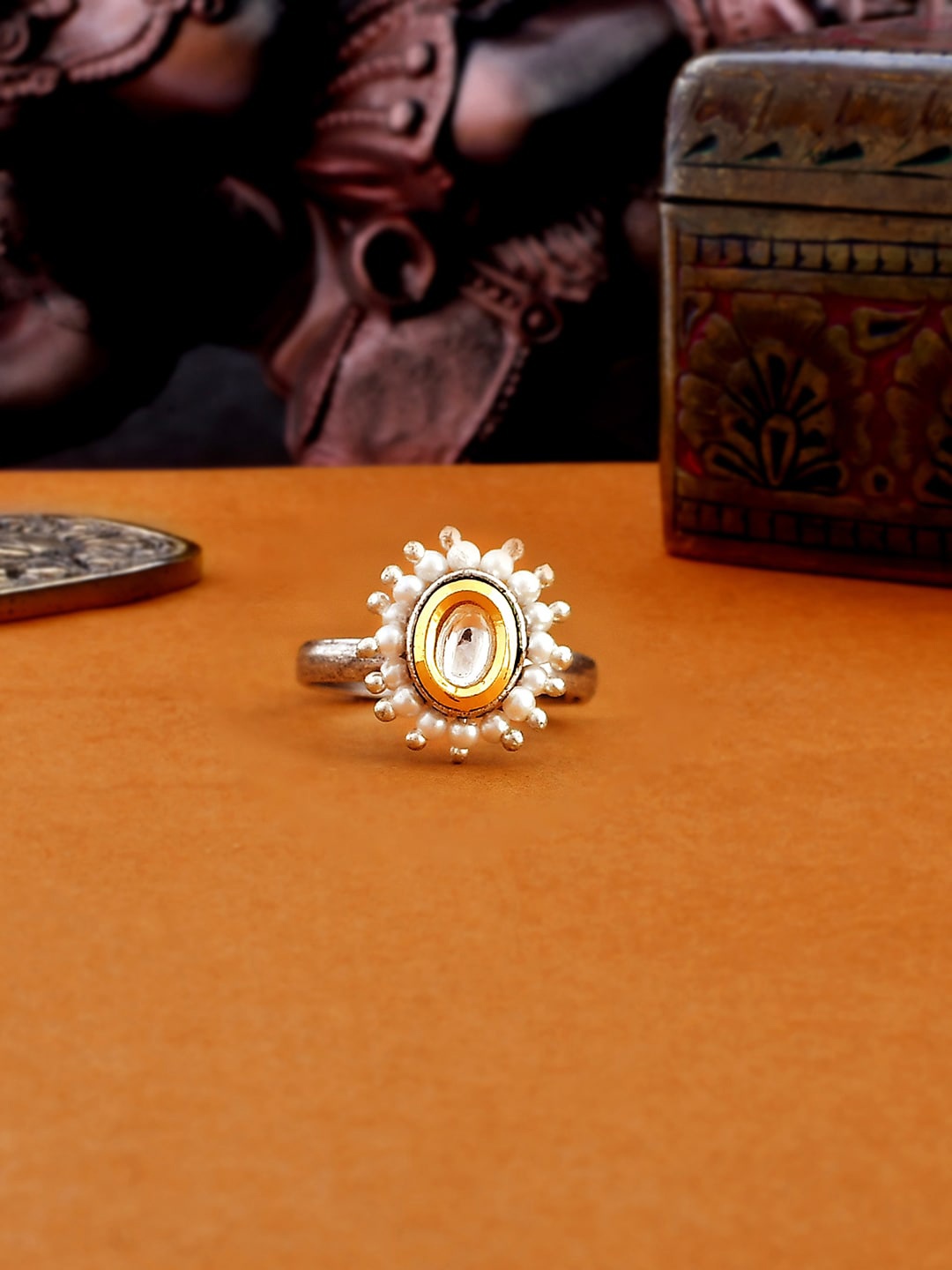 

Voylla Gold Plated Kundan Studded & Beaded Adjustable Finger Ring, Silver