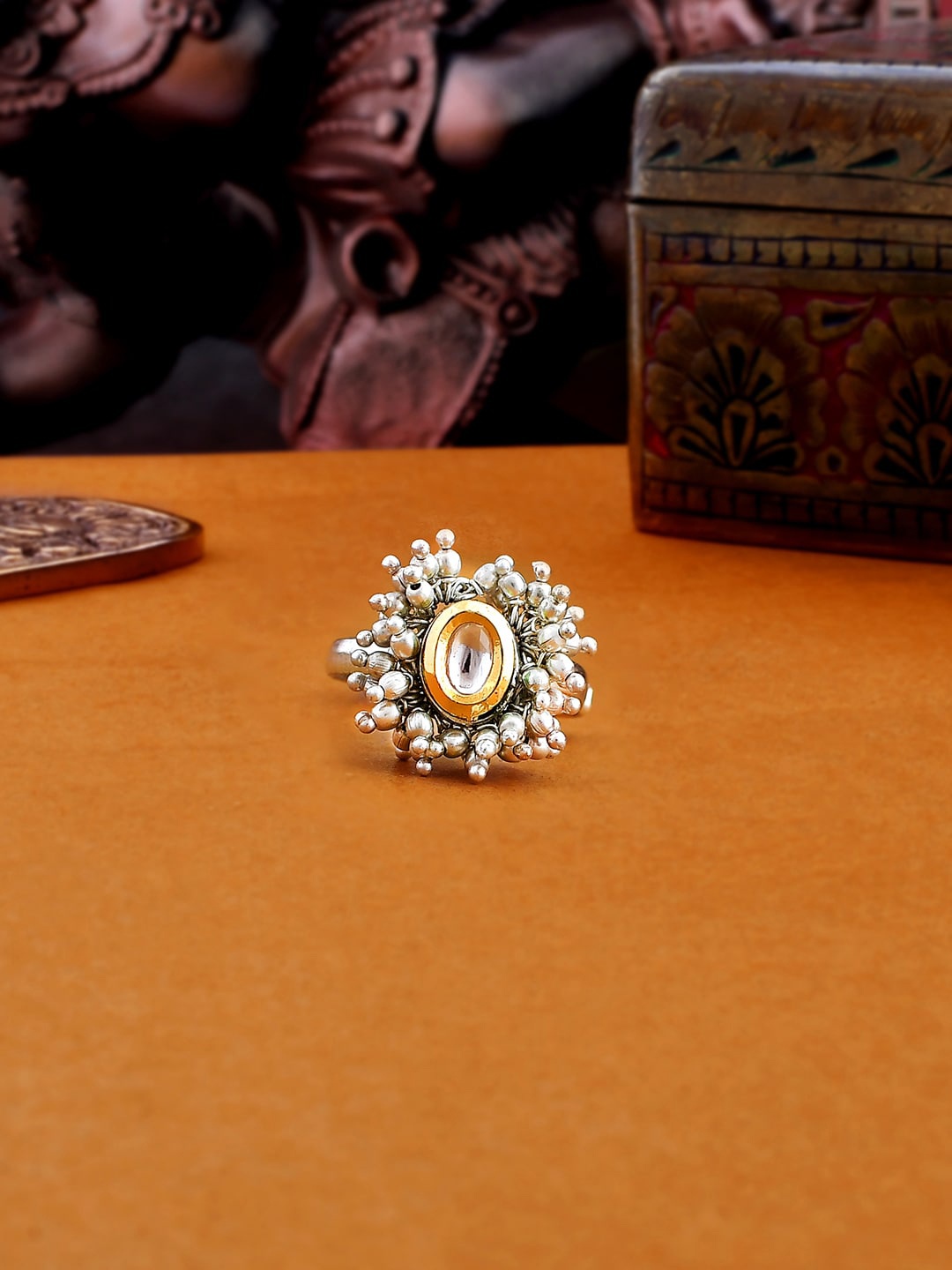 

Voylla Silver-Plated Kundan-Studded Veerangana Pearls Bunch Finger Ring