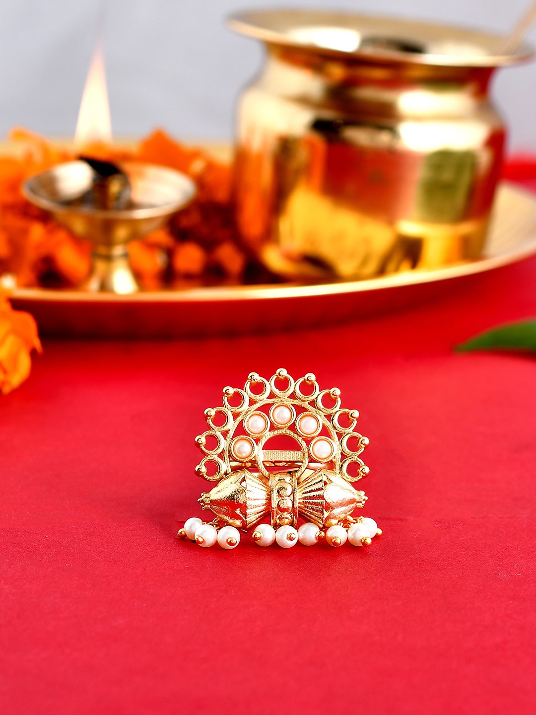 

Voylla Gold-Plated Pearl Beaded Aradhana Jyoti Statement Finger Ring