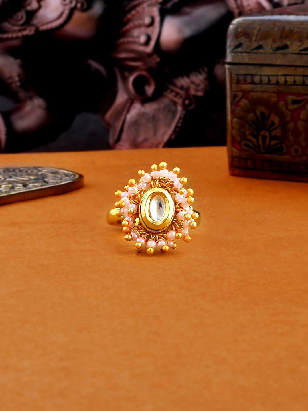 

Voylla Gold-Plated Stone-Studded & Beaded Adjustable Finger Ring