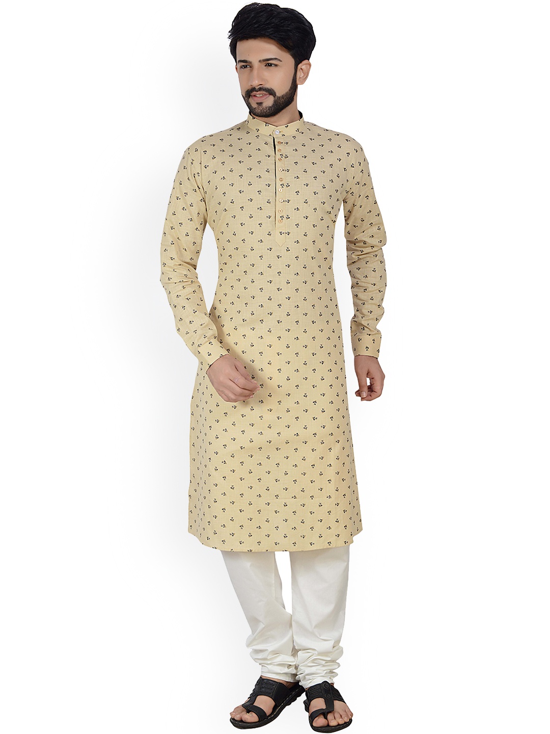 

ARRUGA Floral Printed Band Collar Straight Kurta With Churidar, Beige