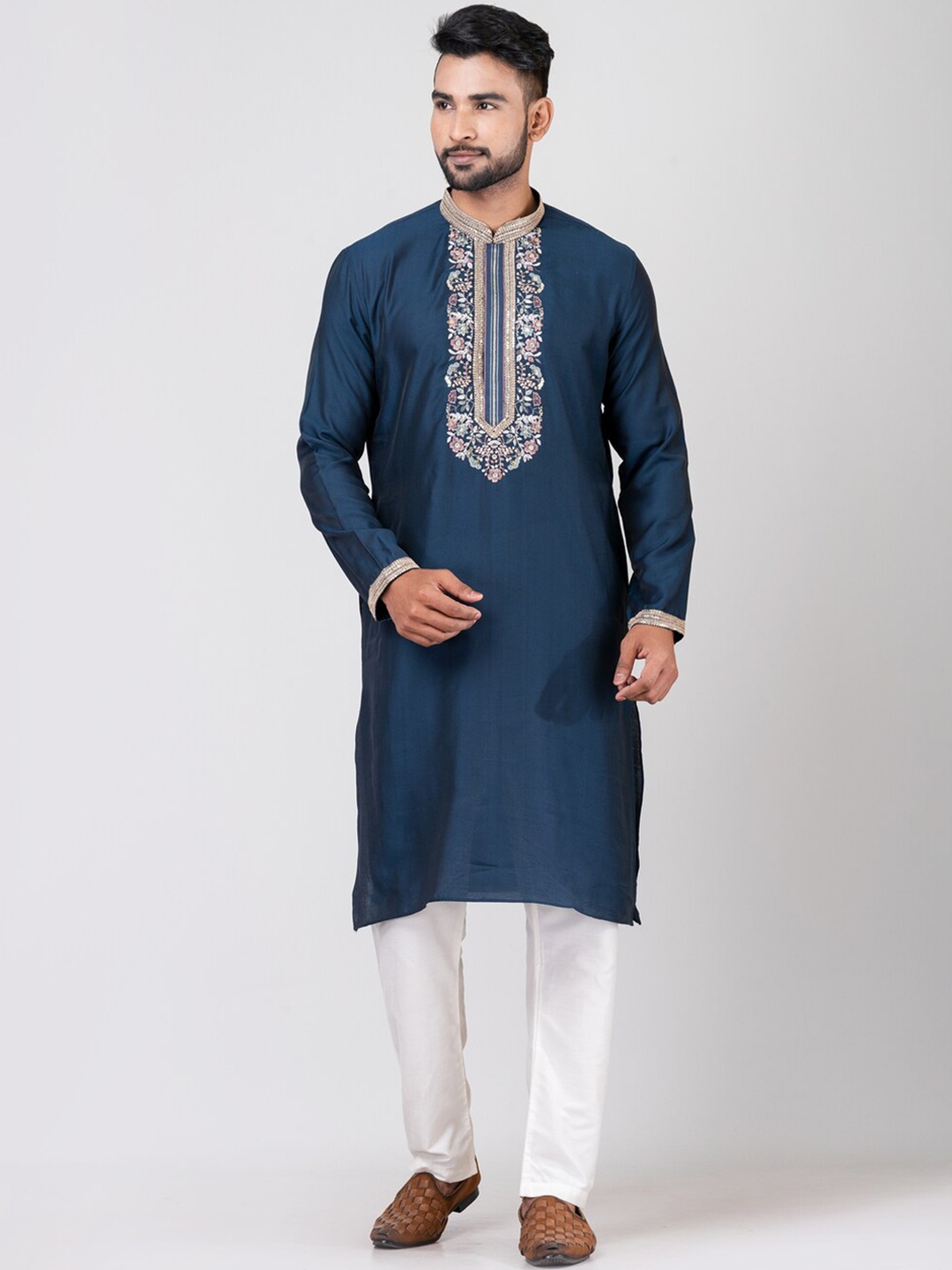 

HU - Handcrafted Uniquely Floral Yoke Design Straight Kurta, Navy blue